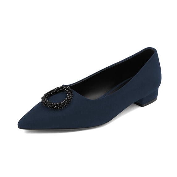 XYD Women Graceful Crystal Circle Pointy Closed Toe Flat Chunky Low Heel Slip On Chic Office Dressy Shoes Size 10 Navy
