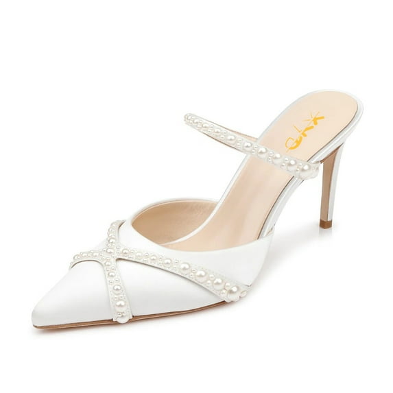XYD Women Graceful Embellished Crisscross Straps Pointed Toe Slides Mules Stiletto High Heel Sandals Dressy Shoes Size 10 White