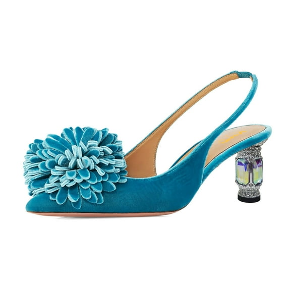 XYD Women Graceful Flower Pointy Closed Toe Velvet Pumps Block Crystal Mid Heels Slingbacks Dressy Weddding Shoes Size 12 Blue