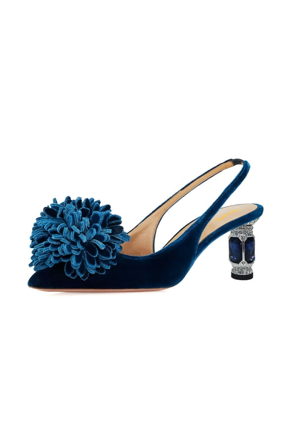 Women Graceful Flower Pointy Closed Toe Velvet Pumps Block Crystal Mid Heels Slingbacks Dressy Weddding Shoes Size 7.5 Navy