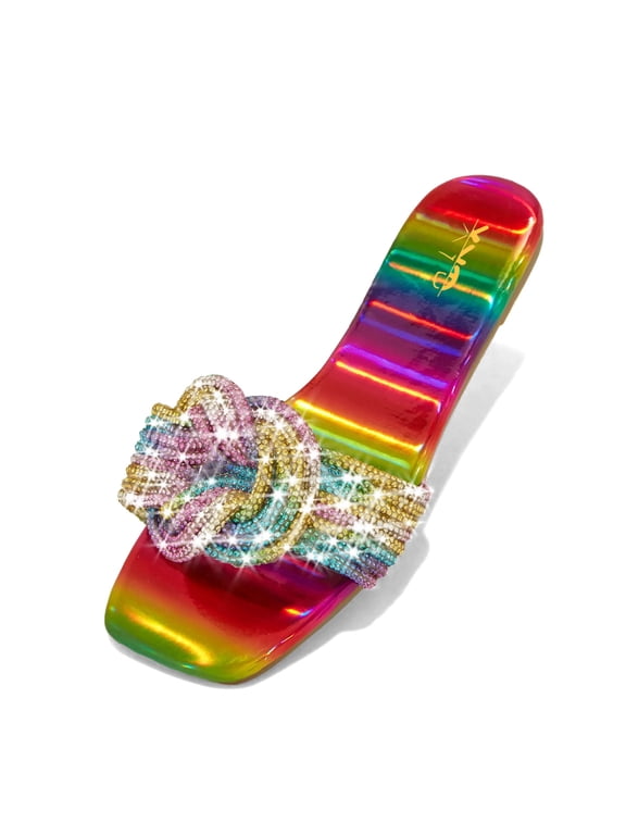 Women Graceful Glitter Shiny Rhinestone Straps Slide Sandals Square Open Toe Flat Slippers Jeweled Casual Shoes Size 5.5 Rainbow