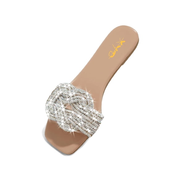 XYD Women Graceful Glitter Shiny Rhinestone Straps Slide Sandals Square Open Toe Flat Slippers Jeweled Casual Shoes Size 8.5 Nude