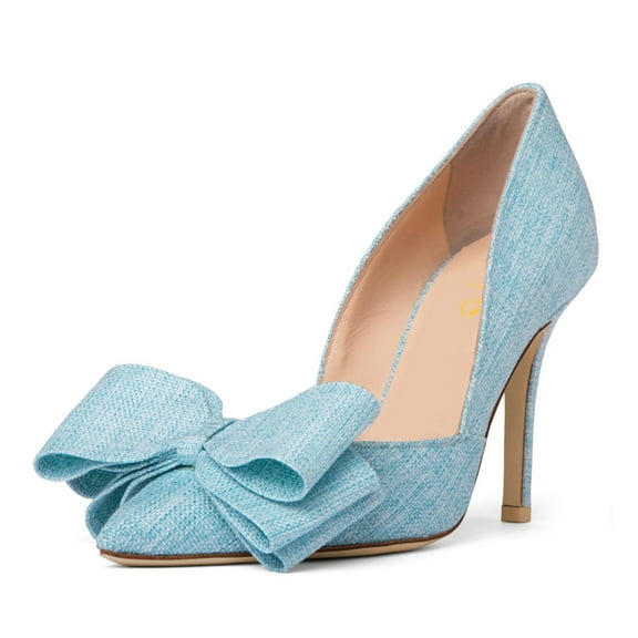 XYD Women Graceful Oversized Bows Pointed Closed Toe Slip On Pumps Stiletto High Heel D'Orsay Dressy Party Shoes Size 9 Blue