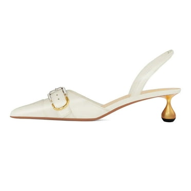 XYD Women Graceful Pointed Toe Buckle Pumps Cute Metal Low Heel Slip On Slingbacks Office Dress Shoes Size 7 White