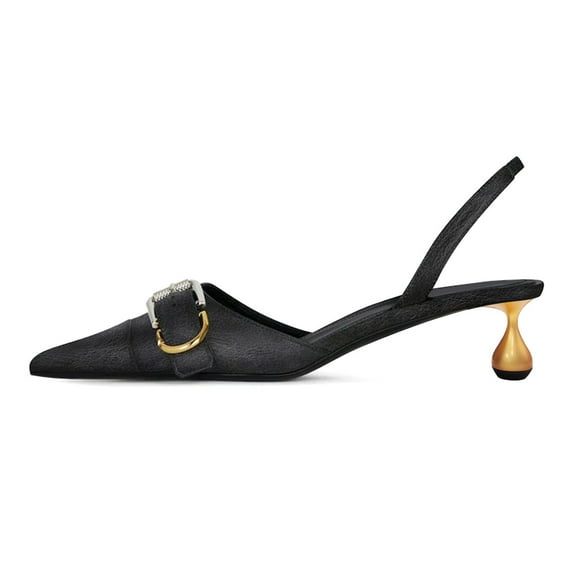 XYD Women Graceful Pointed Toe Buckle Pumps Cute Metal Low Heel Slip On Slingbacks Office Dress Shoes Size 9 Black