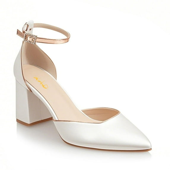 XYD Women Graceful Pointed Toe D'orsay Pumps Ankle Strap Block Mid Chunky Heels Party Date Daily Dress Shoes Size 5.5 White