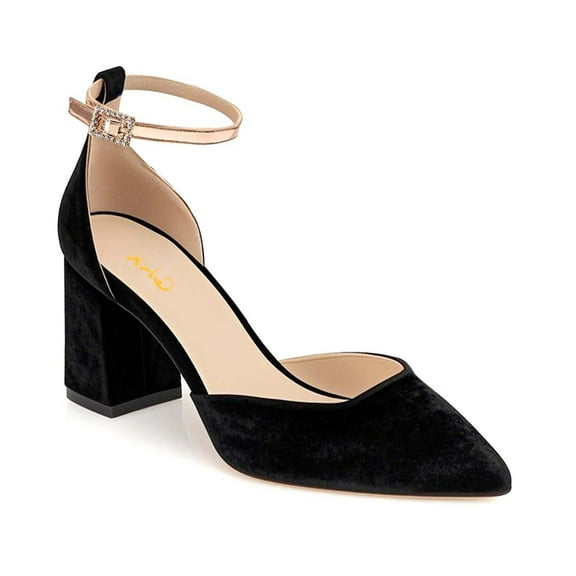 XYD Women Graceful Pointed Toe D'orsay Pumps Ankle Strap Block Mid Chunky Heels Party Date Daily Dress Shoes Size 7 Black