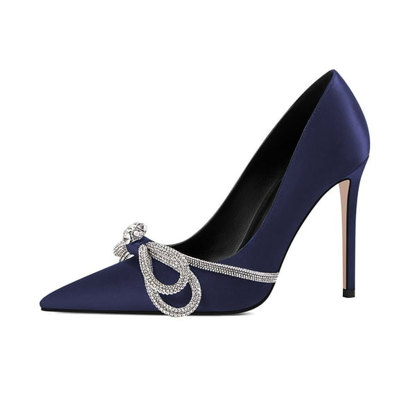 XYD Women Graceful Rhinestone Bowknot Stiletto High Thin Heel Slip On Pumps Pointed Closed Toe Dress Bridal Shoes Size 6 Navy