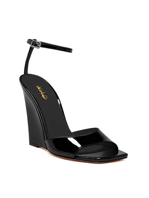 Women High Heel Wedge Sandals Square Open Toe Ankle Strap Patent Leather Fashion Nightclub Party Shoes Size 16 Black