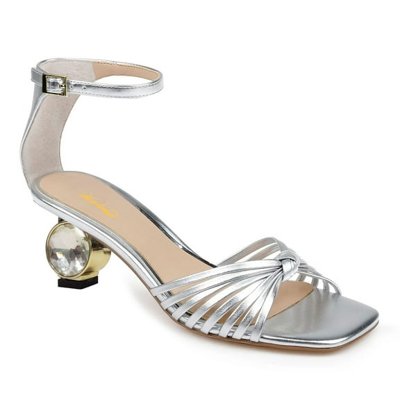 XYD Women Knot Strappy Open Square Toe Sandals Diamond Crystal Low Chunky Heels Prom Evening Date Shoes Size 12 Silver