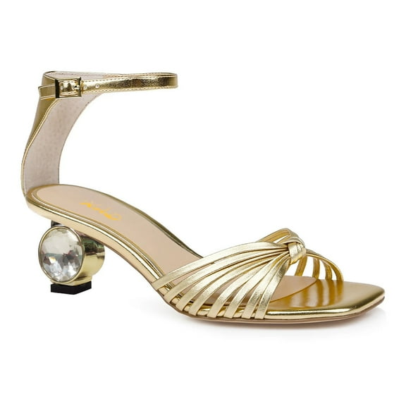 XYD Women Knot Strappy Open Square Toe Sandals Diamond Crystal Low Chunky Heels Prom Evening Date Shoes Size 7 Gold