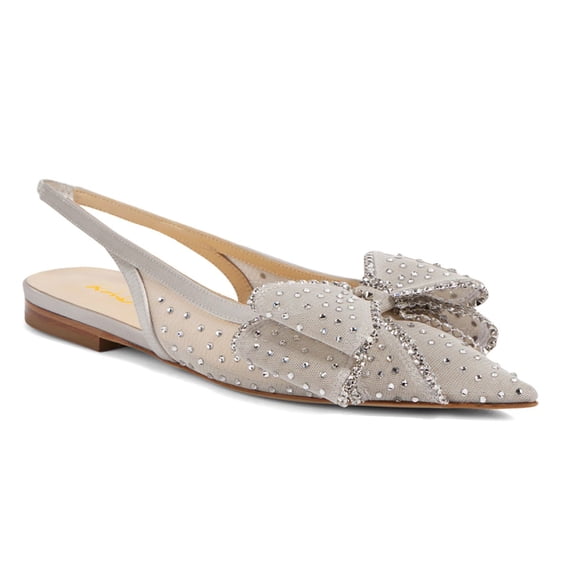 XYD Women Layered Bowknot Crystal Studs Flats Pointed Toe Elastic Slingback Shoes Gorgeous Prom Bridal Sandals Size 7.5 Gray