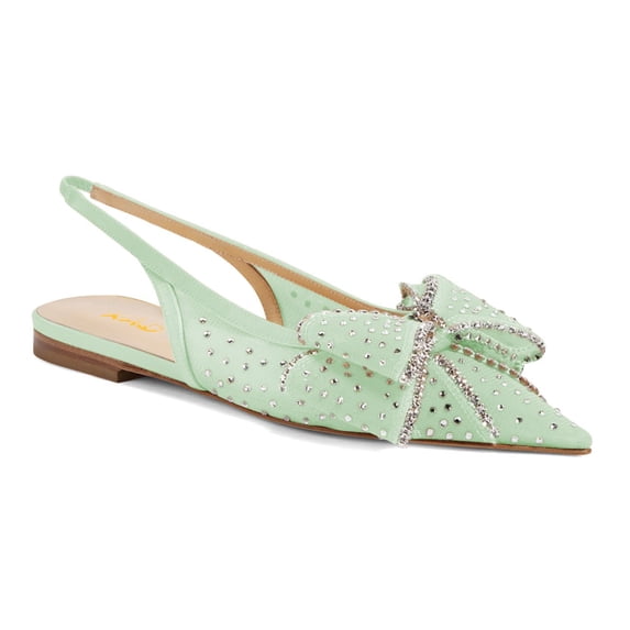 XYD Women Layered Bowknot Crystal Studs Flats Pointed Toe Elastic Slingback Shoes Gorgeous Prom Bridal Sandals Size 8.5 Green