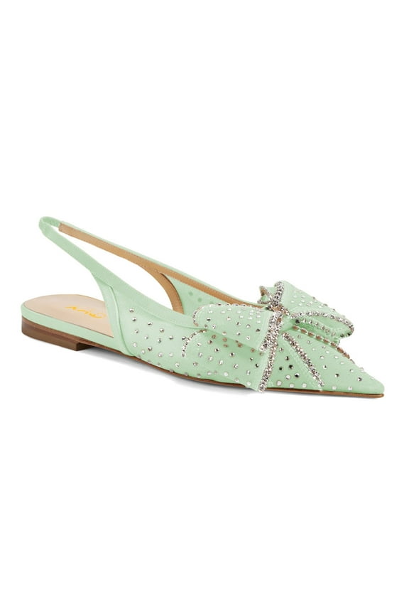 Women Layered Bowknot Crystal Studs Flats Pointed Toe Elastic Slingback Shoes Gorgeous Prom Bridal Sandals Size 9 Green
