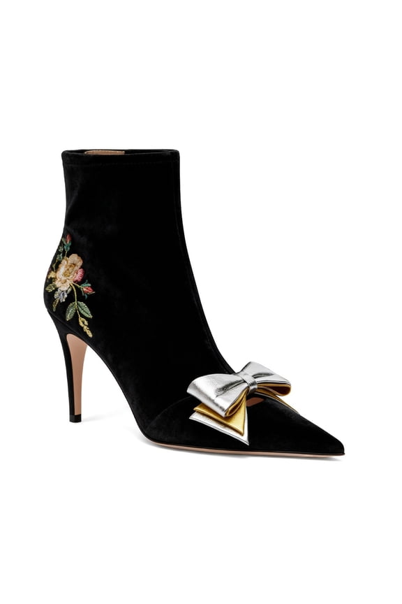 Women Layered Bows Thin Heels Ankle Boots with Zip Pointed Toe Elegant Floral Embroidery Dinners Events Shoes Size 13 Black