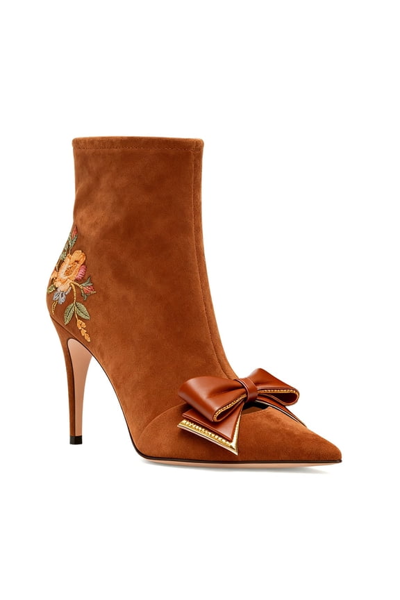 Women Layered Bows Thin Heels Ankle Boots with Zip Pointed Toe Elegant Floral Embroidery Dinners Events Shoes Size 4 Orange Brown