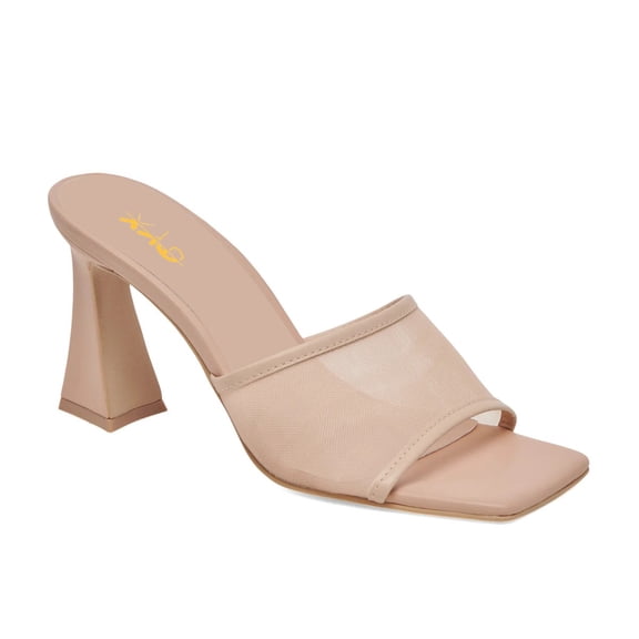 XYD Women Mesh Mules Square Open Toe Slide Sandals Block High Heels Spring Summer Chic Dress Shoes Size 10 Blush