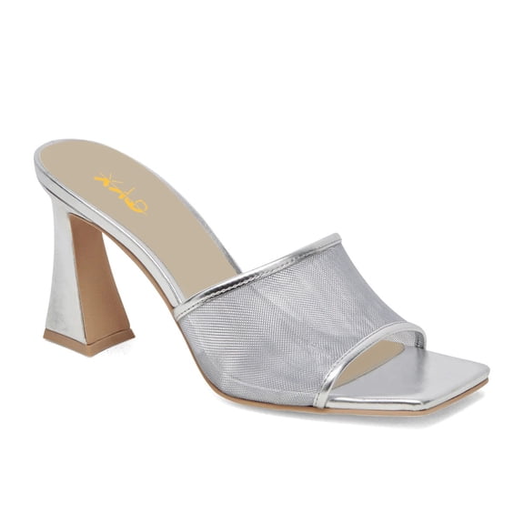 XYD Women Mesh Mules Square Open Toe Slide Sandals Block High Heels Spring Summer Chic Dress Shoes Size 11 Silver