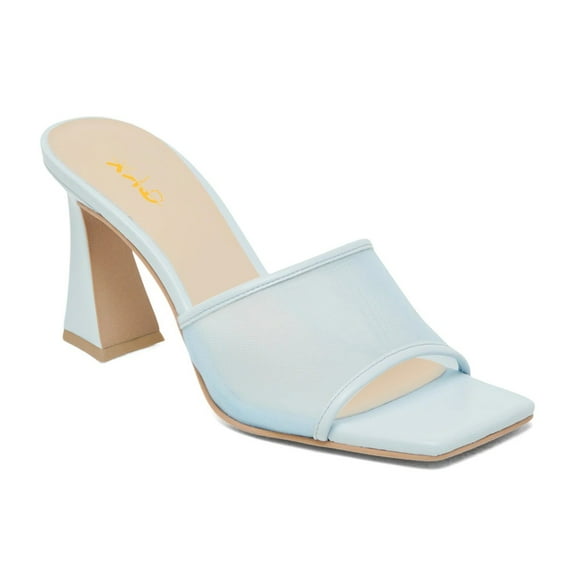 XYD Women Mesh Mules Square Open Toe Slide Sandals Block High Heels Spring Summer Chic Dress Shoes Size 6 Blue