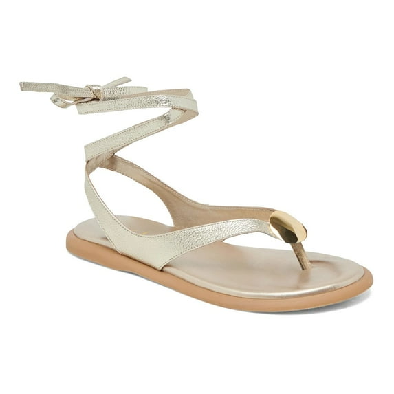 XYD Women Metal Ornament Round Toe Thong Sandals Ankle Wrap Lace Up Flat Shoes Comfortable Casual Flip Flops Size 5.5 Light Gold