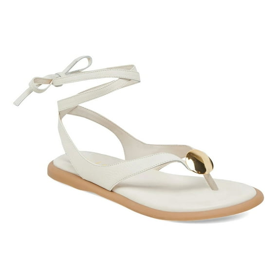 XYD Women Metal Ornament Round Toe Thong Sandals Ankle Wrap Lace Up Flat Shoes Comfortable Casual Flip Flops Size 7 White