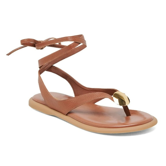 XYD Women Metal Ornament Round Toe Thong Sandals Ankle Wrap Lace Up Flat Shoes Comfortable Casual Flip Flops Size 8 Brown