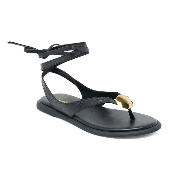 XYD Women Metal Ornament Round Toe Thong Sandals Ankle Wrap Lace Up Flat Shoes Comfortable Casual Flip Flops Size 9.5 Black