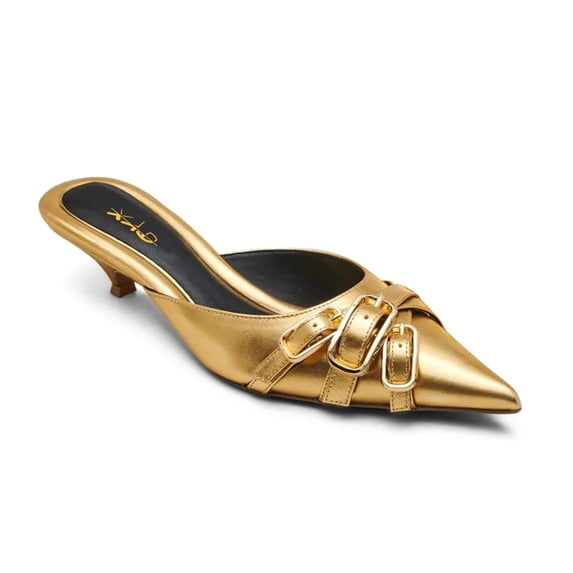 XYD Women Mules Layered Buckles Pointed Toe Tapered Low Heel Slippers Slip-on Fashion Sandals Casual Dressy Shoes Size 6.5 Gold