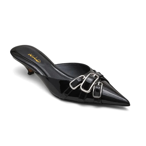 XYD Women Mules Layered Buckles Pointed Toe Tapered Low Heel Slippers Slip-on Fashion Sandals Casual Dressy Shoes Size 7 Black