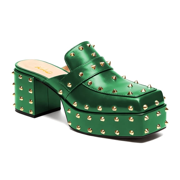 XYD Women Mules with Metallic Rivets Spikes Closed Square Toe Slip-on Chunky Block Heels Fashion Club Dress Shoes Size 10.5 Green