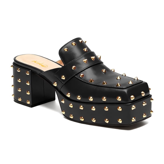 XYD Women Mules with Metallic Rivets Spikes Closed Square Toe Slip-on Chunky Block Heels Fashion Club Dress Shoes Size 16 Black