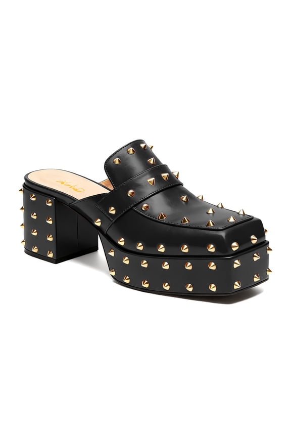 Women Mules with Metallic Rivets Spikes Closed Square Toe Slip-on Chunky Block Heels Fashion Club Dress Shoes Size 4 Black