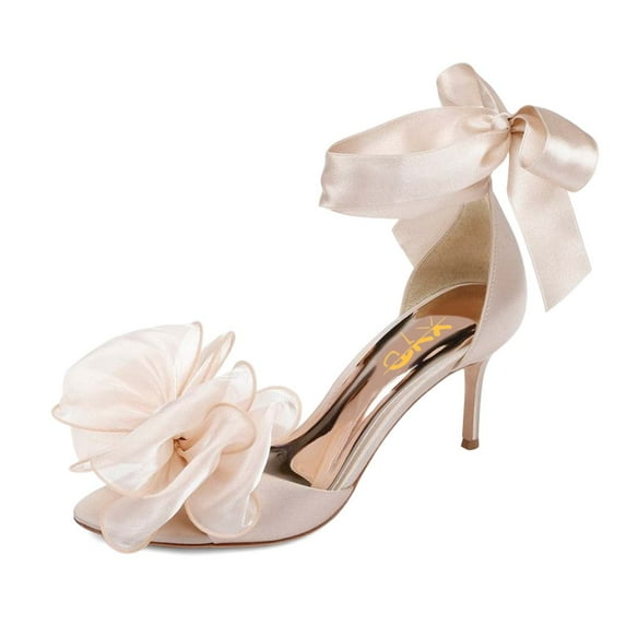 XYD Women Open Almond Toe Mid Heels Bowknot Ankle Strap Sandals Romantic Lace up Wedding Dressy Shoes Size 4.5 Light Pink