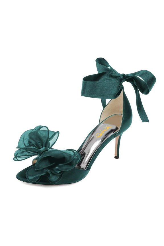 Women Open Almond Toe Mid Heels Bowknot Ankle Strap Sandals Romantic Lace up Wedding Dressy Shoes Size 5 Teal