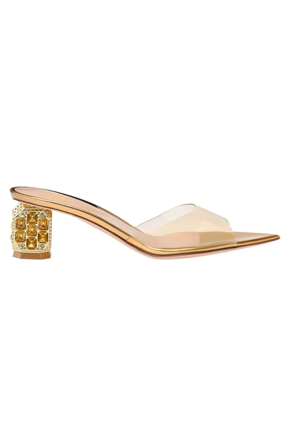 Women Open Pointed Toe Transparent Strap Mules Slip on Studded Crystal Block Low Heels Fashion Party Slide Sandals Size 13 Gold