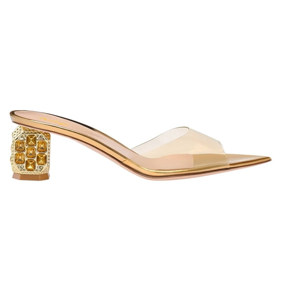 XYD Women Open Pointed Toe Transparent Strap Mules Slip on Studded Crystal Block Low Heels Fashion Party Slide Sandals Size 14.5 Gold