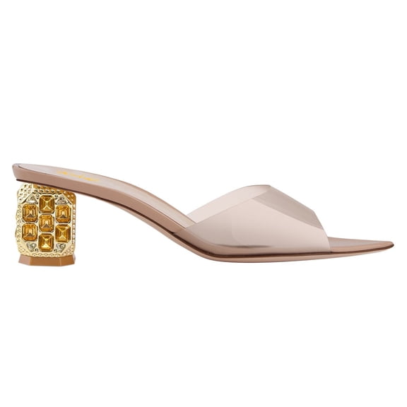 XYD Women Open Pointed Toe Transparent Strap Mules Slip on Studded Crystal Block Low Heels Fashion Party Slide Sandals Size 15 Nude
