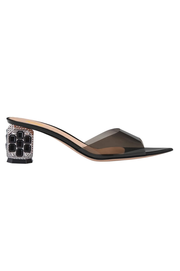 Women Open Pointed Toe Transparent Strap Mules Slip on Studded Crystal Block Low Heels Fashion Party Slide Sandals Size 5 Black