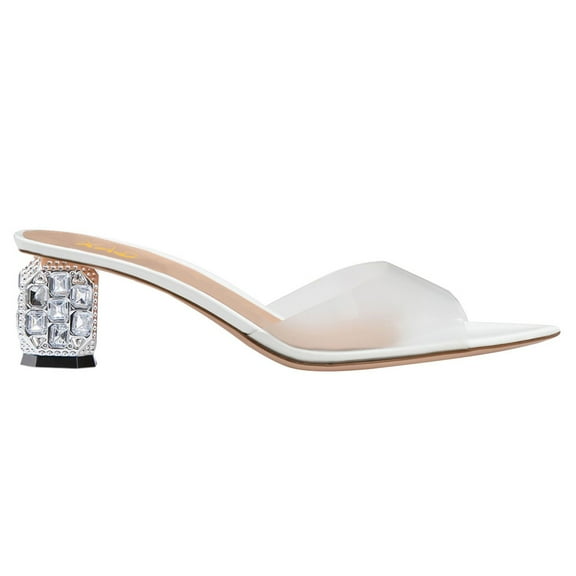 XYD Women Open Pointed Toe Transparent Strap Mules Slip on Studded Crystal Block Low Heels Fashion Party Slide Sandals Size 7.5 White