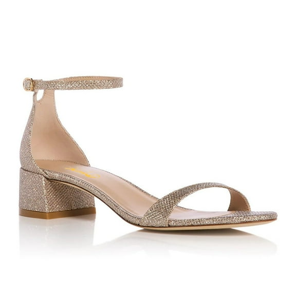 XYD Women Open Round Toe Buckled Sandals Thin Ankle Strap Low Chunky Heels Comfortable Dressy Shopping Shoes Size 4 Champagne Glittery Texture