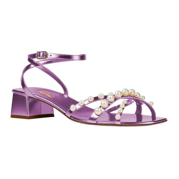 XYD Women Open Square Toe Pearls Studded Sandals Ankle Strap Chunky Low Heels Fashion Prom Wedding Shoes Size 7.5 Purple