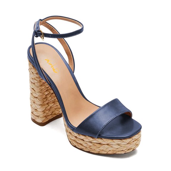 XYD Women Open Square Toe Raffia Espadrilles Sandals Ankle Strap Platform Block High Heels Chic Party Summer Shoes Size 13 Blue
