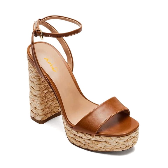 XYD Women Open Square Toe Raffia Espadrilles Sandals Ankle Strap Platform Block High Heels Chic Party Summer Shoes Size 16 Brown