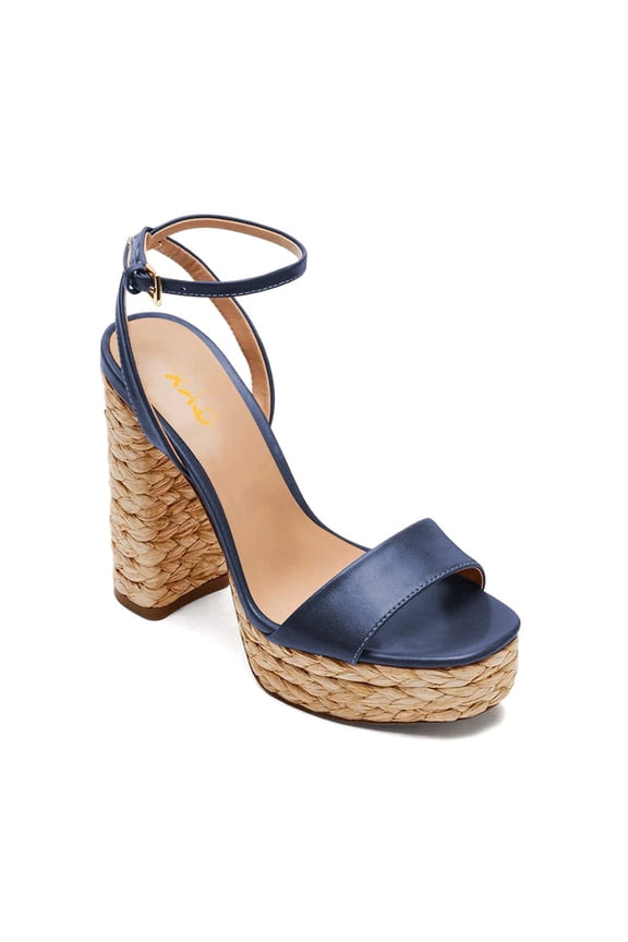 Women Open Square Toe Raffia Espadrilles Sandals Ankle Strap Platform Block High Heels Chic Party Summer Shoes Size 4 Blue