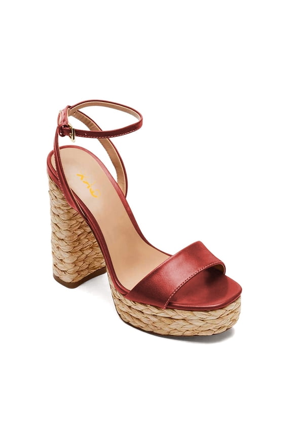 Women Open Square Toe Raffia Espadrilles Sandals Ankle Strap Platform Block High Heels Chic Party Summer Shoes Size 6 Red