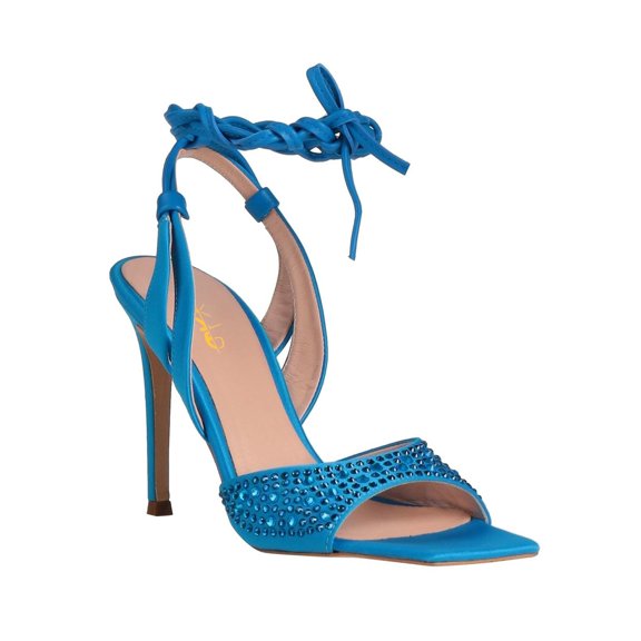 XYD Women Open Square Toe Rhinestone Sandals Ankle Wrap Backstrap Stiletto High Heels Party Prom Lace up Shoes Size 5 Blue