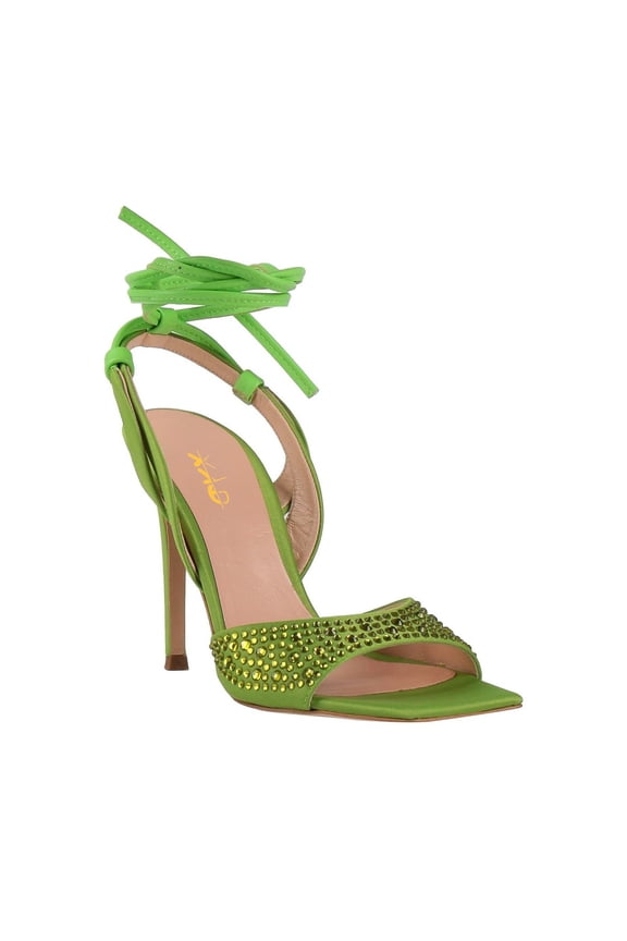 Women Open Square Toe Rhinestone Sandals Ankle Wrap Backstrap Stiletto High Heels Party Prom Lace up Shoes Size 9 Green