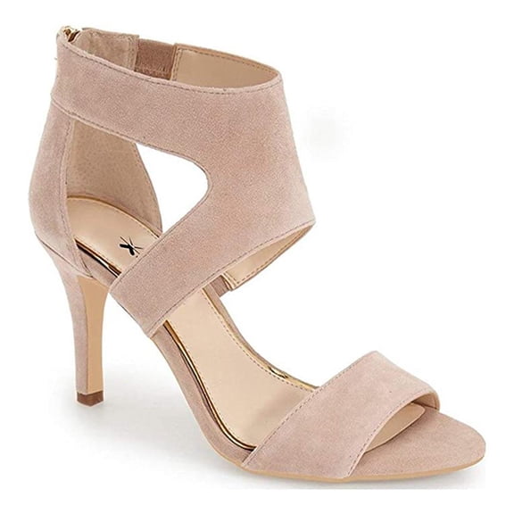 XYD Women Open Toe Ankle Wrap Sandals Back Zip Thin Mid Heels Cutout Strappy Classy Dress Shoes Size 10 Beige