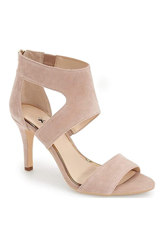 Women Open Toe Ankle Wrap Sandals Back Zip Thin Mid Heels Cutout Strappy Classy Dress Shoes Size 9 Beige