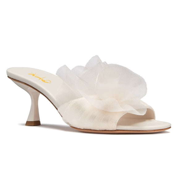 XYD Women Open Toe Applique Mid Spool Heels Slip on Ruffled Flower Mules Elegant Prom Party Slide Sandals Size 12 White